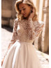 Long Sleeves Beaded Ivory Lace Satin Wedding Dress